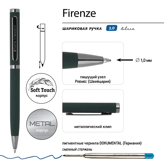 Ручка шариковая BV FIRENZE 1мм син кор зелен,тубус прямоуг черн 20-0300/03