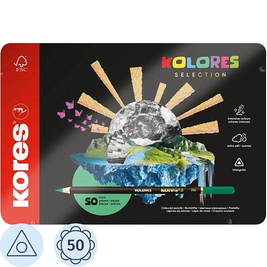 Карандаши цветные Kores Kolores 3-гран 3мм 50 цв/наб в металл.коробке 93351