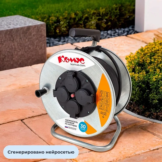 Удлинитель КОМУС КГ 3х1,5кв.мм. 30м 16А 4 гнезда с/з.,с/загл.,термоавт,IP44