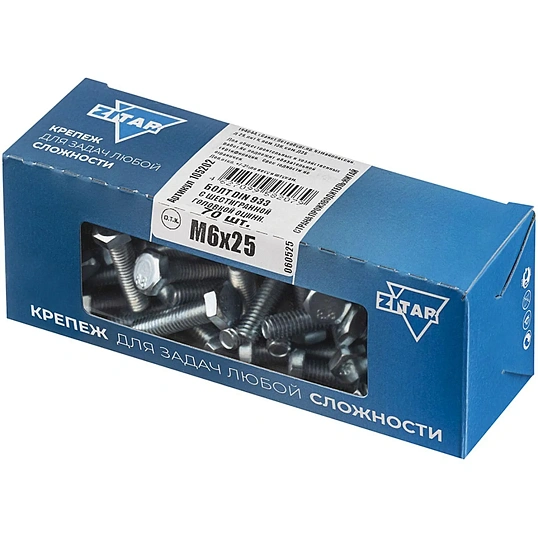 Болт DIN933 с шестигр. головкой оцин.М6х25 (70 шт/уп) Zitar (105202)