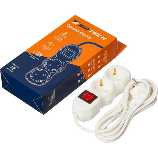 Сетевой фильтр BigTech ST210-3-W(2р/3м/10А/2,2кВт/3х0,75 мм2/белый)