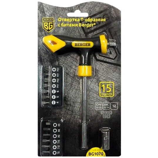 Отвертка Т-образная набор с битами 15 предметов BERGER BG1070