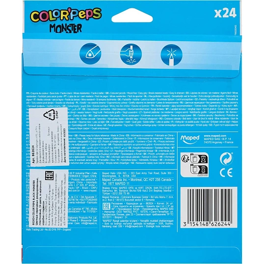 Карандаши цветные Maped BLACK MONSTER трехгранные,пластик,24цв/наб,862624