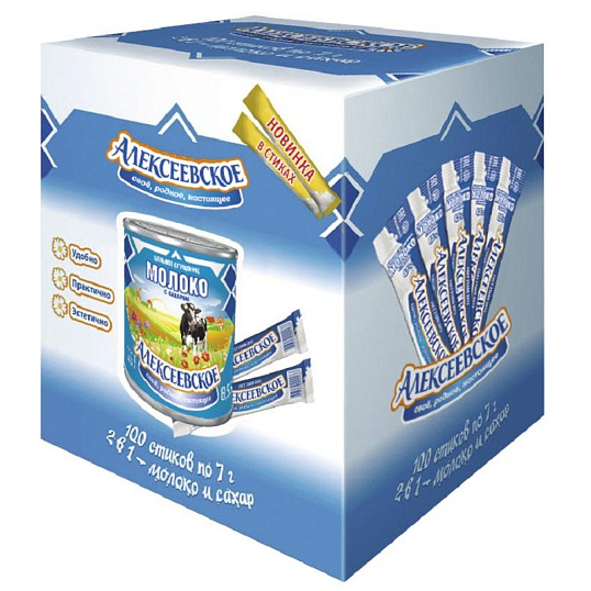 Молоко сгущенное Алексеевское цельное с сахаром 8,5% стик 7гx100шт/уп