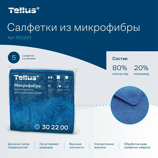 Салфетки хозяйственные микрофибра Tellus 35х35см синий 5л/пач 28/уп_302200