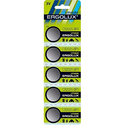 Батарейка Ergolux CR2025 BL-5 (CR2025-BP5, литиевая,3V), 5шт/уп