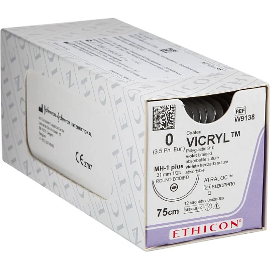 Шовный материал ВИКРИЛ 0, 75 см, кол. 31 мм, 1/2 W9138 12 шт./уп.