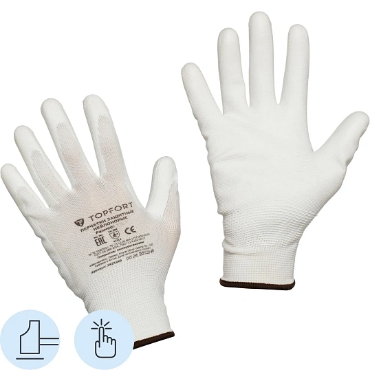 Перчатки защитные TOPFORT нейлоновые с п/у покрытием белые р. 7 (S)