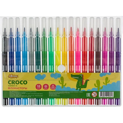 Фломастеры №1School Croco 18цв.,прозр.колп.,смыв, блист. упак. c кнопкой