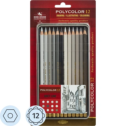 Карандаши цветные худож POLYCOLOR серые цвета 12цв/наб мет.кор 3822012013BL