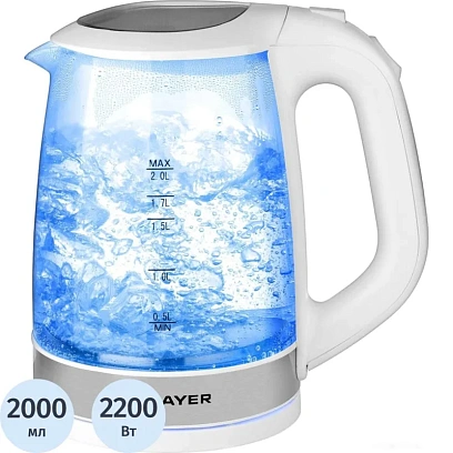Чайник электрический BRAYER BR1040WH, 2220Вт, 2 л, стекл., белый