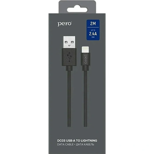 Кабель PERO DC-03 USB-A to Lightning, 2.4 А, 2м, черный