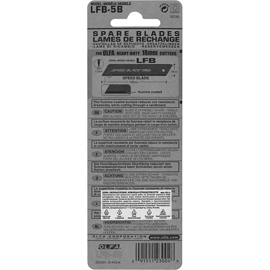 Лезвие OLFA сегментир.,тефлон.покрытие,18мм,толщина 0,5мм, 5шт/уп OL-LFB-5B