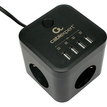 Сетевой фильтр Cablexpert Cube 3р/1,5м, 10А, 4хUSB, черный(CUBE-3-U4-B-1.5)