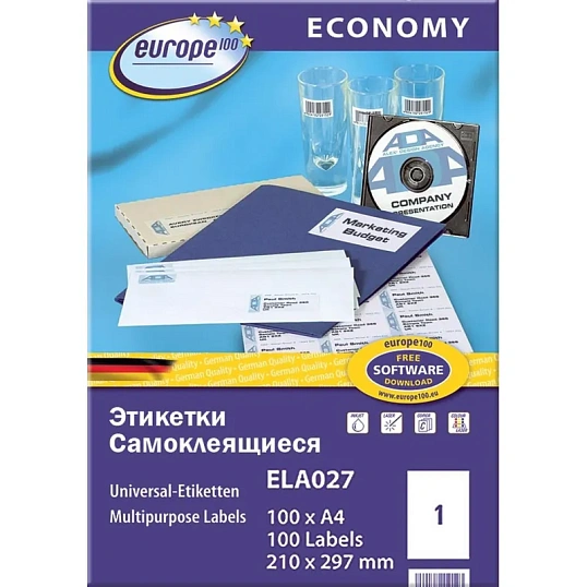 Этикетки самоклеящиеся Europe, ELA027, 210х297мм на листеА4 (100лист/уп)
