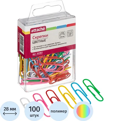 Скрепки Attache с полимерным покрытием,28 мм,разноцветные,европод,100 шт/уп