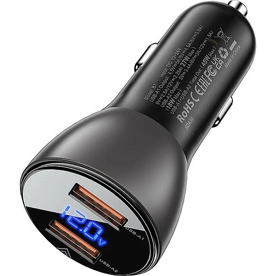 Зарядное устройство ACEFAST B7 metal  45W USB-A+USB-A,автомоб,черн/полупроз