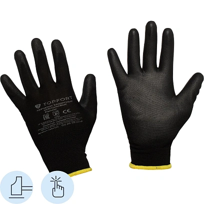 Перчатки защитные TOPFORT нейлоновые с п/у покрытием черные р. 7 (S)