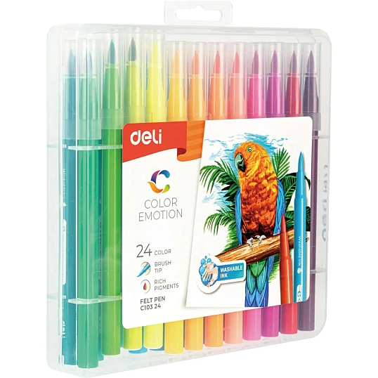 Фломастеры набор Deli Color Emotion кисть смываемые 24цв. пластик. Пенал
