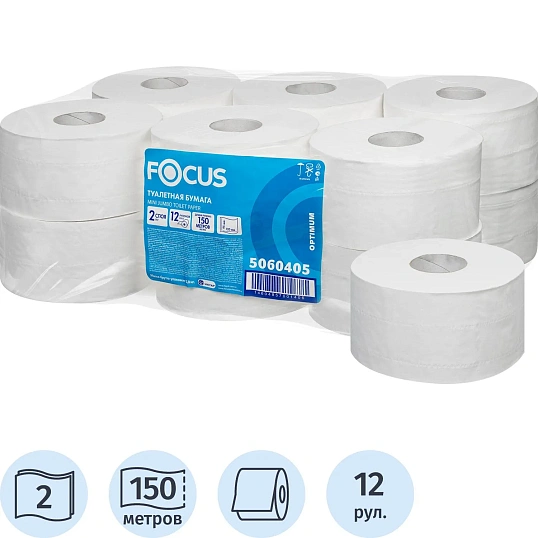 Бумага туалетная д/дисп Focus Jumbo Optimum 2сл белая 150м 12рул/уп_5060405