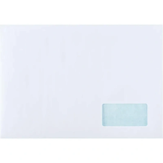 Конверт белый С4 стрип 229х324 90г прав.окно КОМУС 500 шт/уп