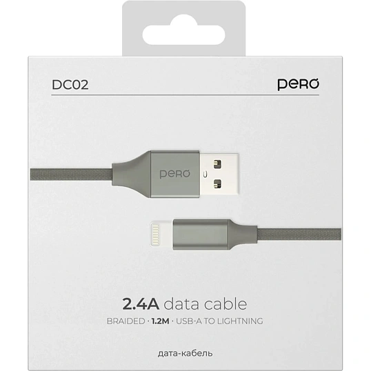 Кабель PERO DC02 USB-A to LIGHTNING, 2.4A, 1.2m, Gray