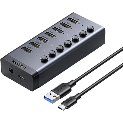 Разветвитель USB UGREEN CM481 (90307) USB-C to 7-Port USB-A 3.0/DC 12V/черн