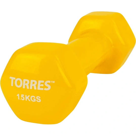 Гантель TORRES 1,5кг, металл в виниловой оболочке, желтый, PL522203