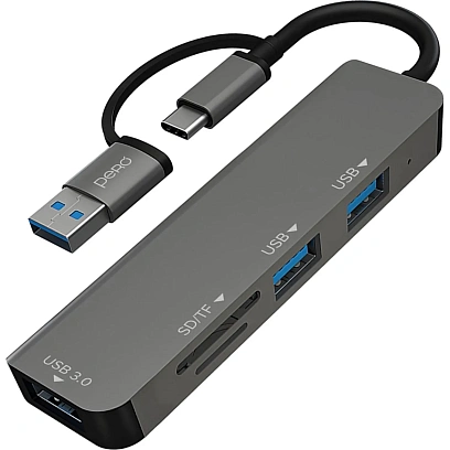 Разветвитель USB PERO MH05 USB-С/A TO SD+TF+USB 3.0+2xUSB 2.0 серый