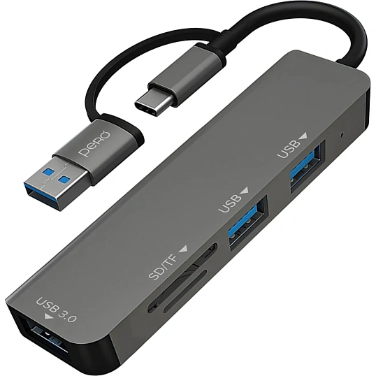 Разветвитель USB PERO MH05 USB-С/A TO SD+TF+USB 3.0+2xUSB 2.0 серый