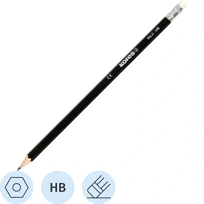 Карандаш чернографитный Kores шестигранный HB с ластиком 12шт/уп