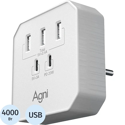 Тройник AGNI USB-A,2 USB-C, белый(TP-WB2U3E-white)