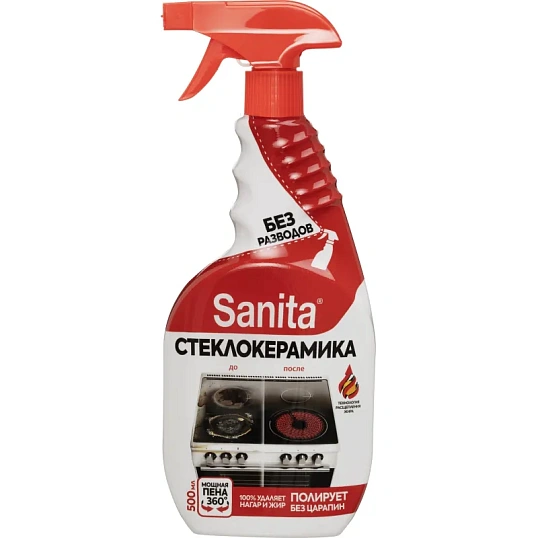 Средство для чистки плит SANITA спрей Антижир для стеклокерамики, 500 мл