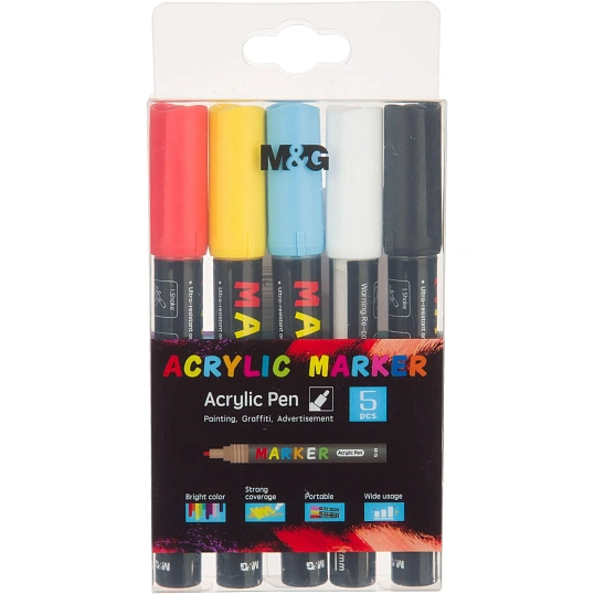 Набор акриловых маркеров M&G, круглый наконечник,2 мм,  5 цветов в наборе
