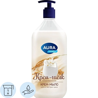 Крем-мыло AURA Шелк и рисовое молочко Silky Cream флакон/дозатор,  1000мл