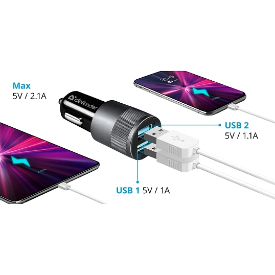 Зарядное устройство автомобильное Defender UCA-21 2USB, 5V/2.1A (83821)