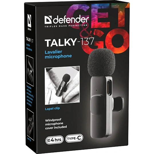 Микрофон Defender Talky-137 wrls, петличный, черный, на прищепке, 1шт