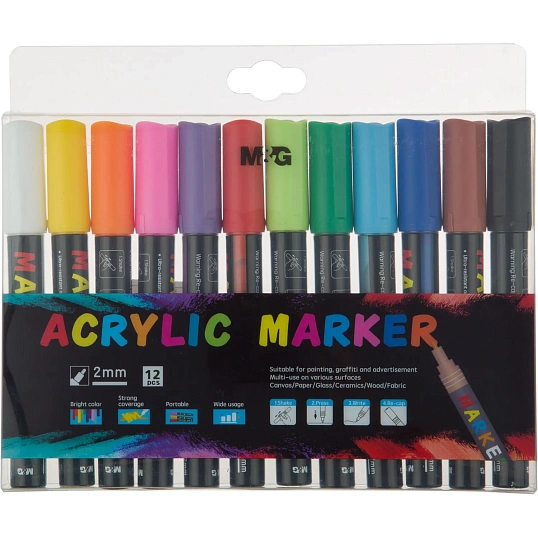 Набор акриловых маркеров M&G, круглый наконечник,2 мм,  12 цветов в наборе
