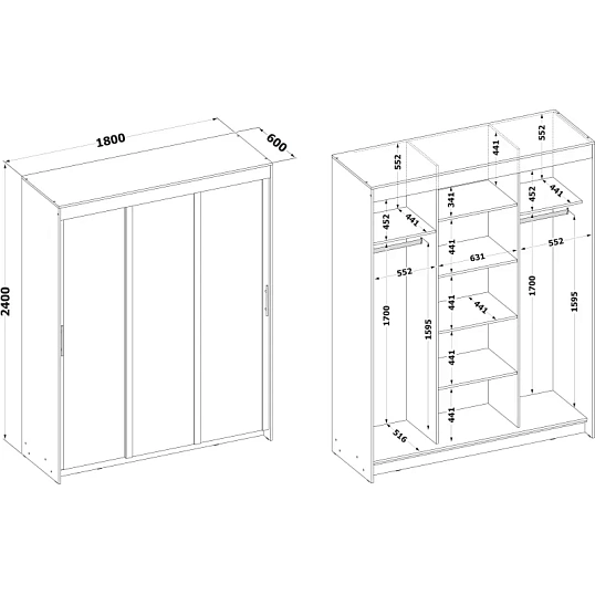 Шкаф-купе Сокол 3-ств.ШР-186.32 с зеркалом 1800x600x2400, венге/дуб
