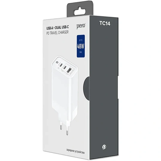 Зарядное устройство сетевое PERO TC14 USB-A QC3.0 + 2х USB-C PD, 48W белый