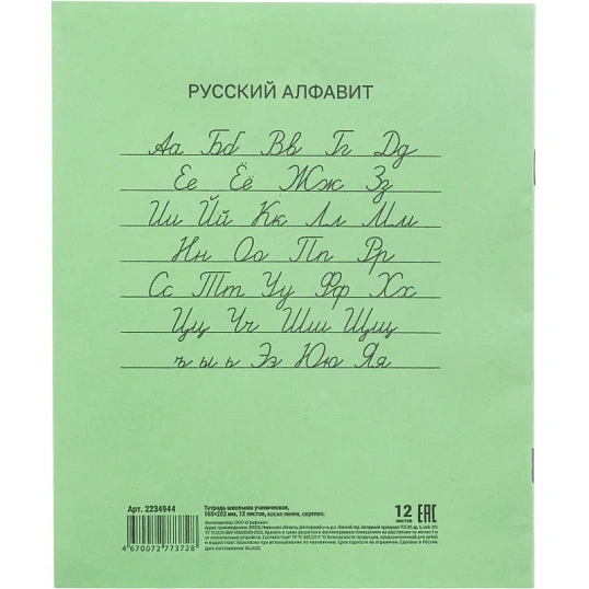 Тетрадь в зеленом офсете  12л., косая линия, штука, внутр.блок 100
