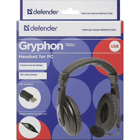 Гарнитура Defender Gryphon 750U USB, черный, 1.8м кабель