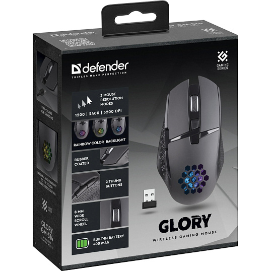 Мышь компьютерная Defender Glory GM-514 черн,LED,7D,400мАч,3200dpi (52514)