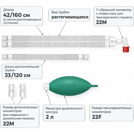 Контур дыхательный для взрос.22мм,гофрир.растяг.160см,доп.трубк.80см,меш.2л