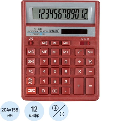 Калькулятор настольный ПОЛН.Attache AF-888,12р,дв.пит,204x158мм, темно-крас