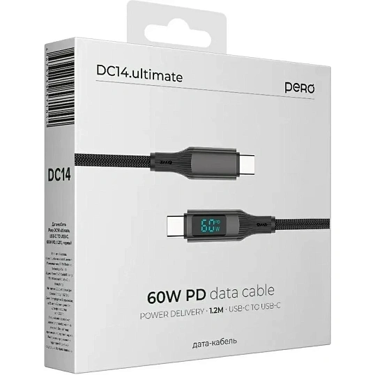 Кабель PERO DC14 ULTIMATE PD Type-C to Type-C, с дисплеем, 60W, 1.2m, Black