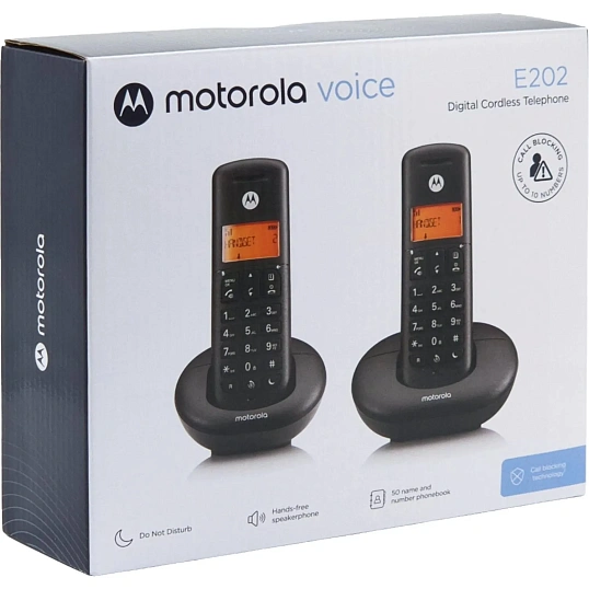 Радиотелефон Motorola DECT E202,цвет Черный), комплект из 2 трубок