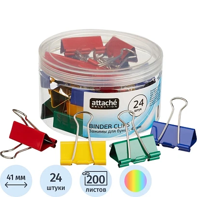 Зажимы для бумаг Attache Selection, 41мм, 24 шт, цветные, пласт.уп