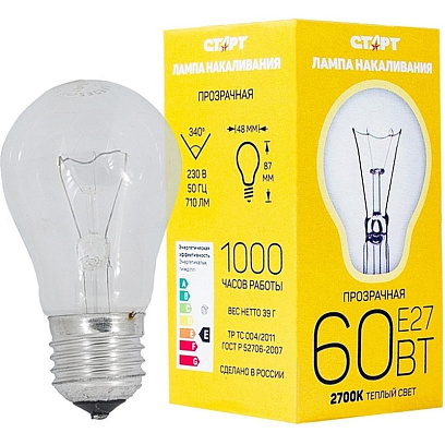 Лампа накаливания СТАРТ стандартная/прозрачная 60W E27