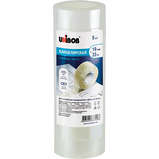 Клейкая лента канцелярская Unibob 19x33 (8шт/уп)